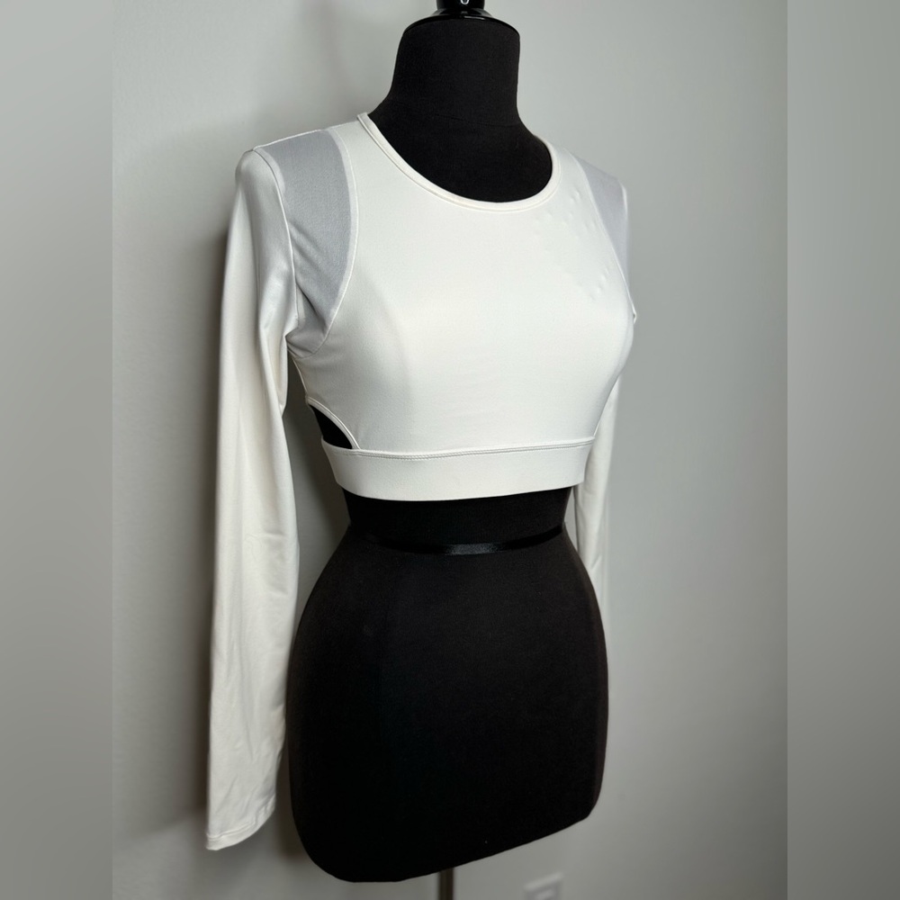 ROBERTO CAVALLI White Long Sleeve Sports Bra Mesh Cut Outs Criss Cross Stretch